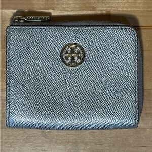 Tory Burch Zipper Around Silver-tone leather mini Pouch
